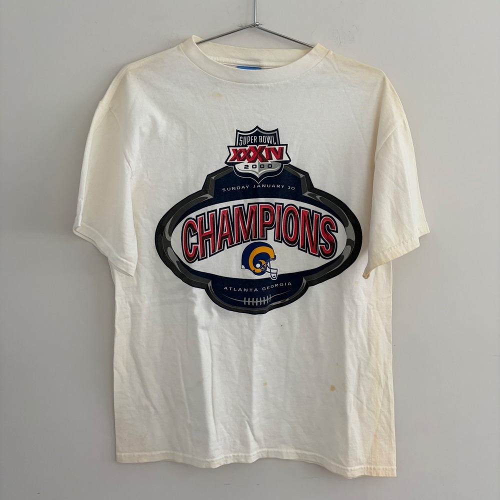 Vintage SPL28 St Louis Rams Super Bowl XXXIV 2000 Champions T-Shirt White Mens M